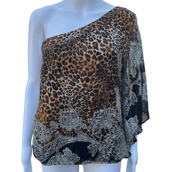 Y2K Caché Silk Chiffon Cold Shoulder Blouse Beaded Leopard Print Paisley Med - Picture 1 of 6